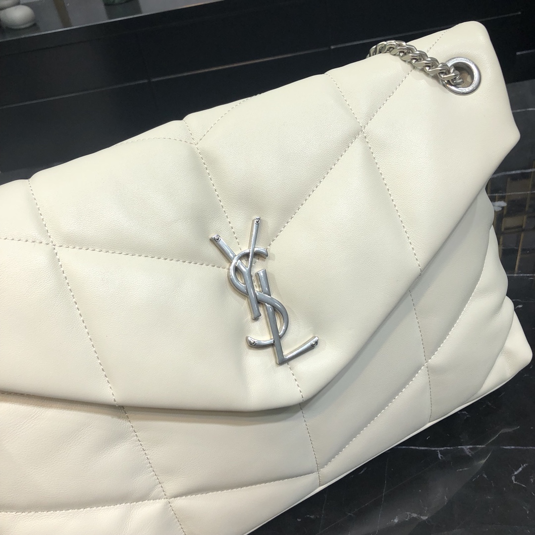 Saint Laurent Loulou Puffer Lambskin Shoulder Bag Handbag White 577475 Silver